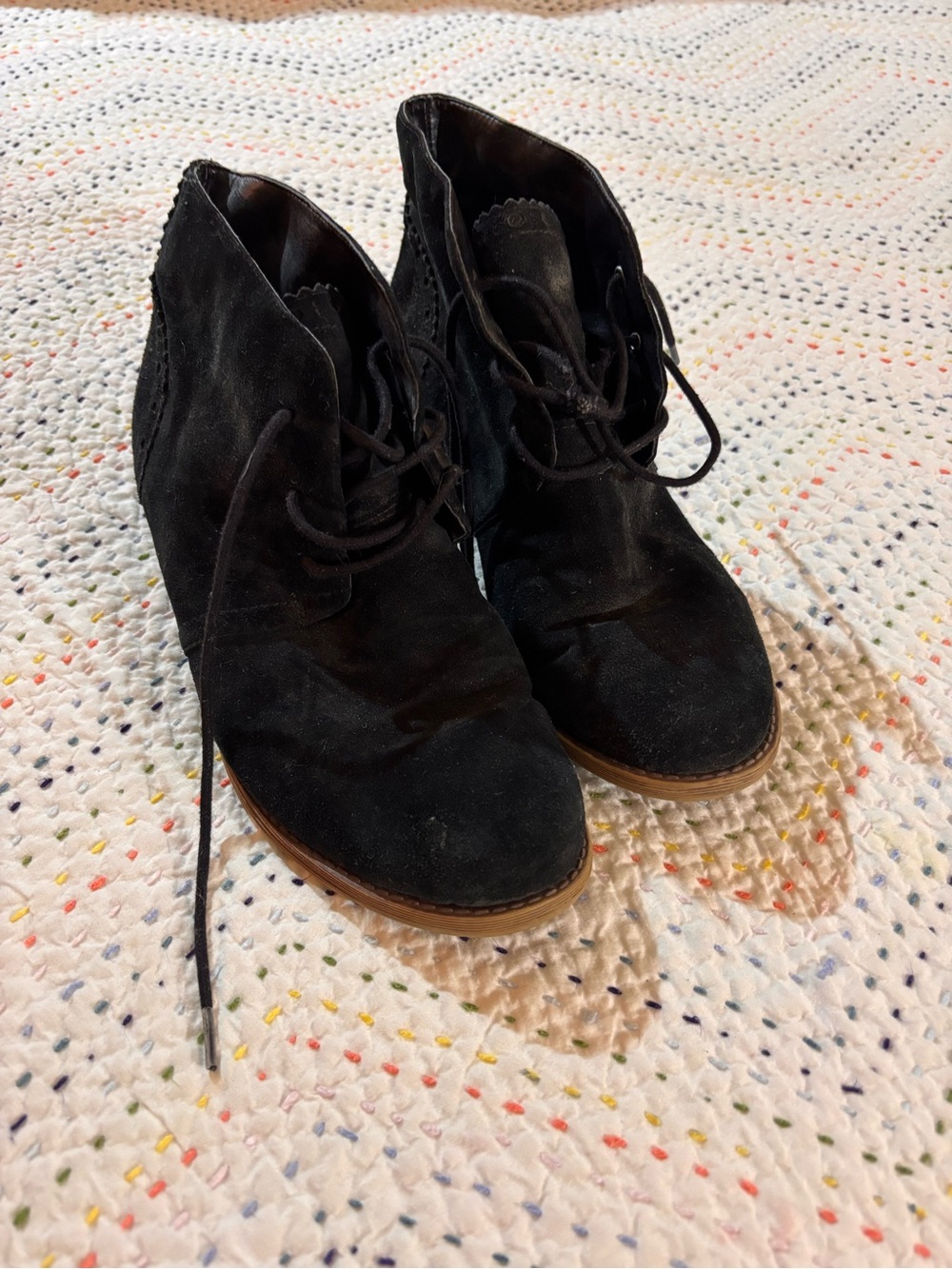 Franco Sarto Black Suede Lace-Up Hidden Wedge Ankle Booties